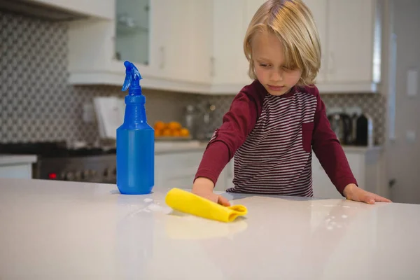 Boy Cleaning Kitchen Worktop Rag Home — Stock Photo, Image