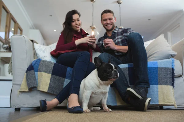 夫妇与他们的宠物狗在客厅在家里喝咖啡 — 图库照片