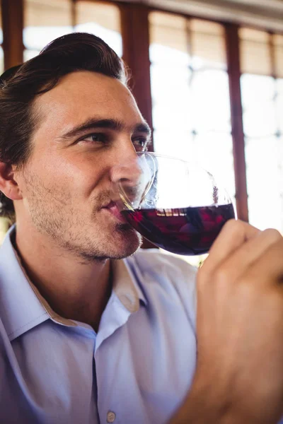 Primo Piano Dell Uomo Che Beve Vino Rosso Ristorante — Foto Stock