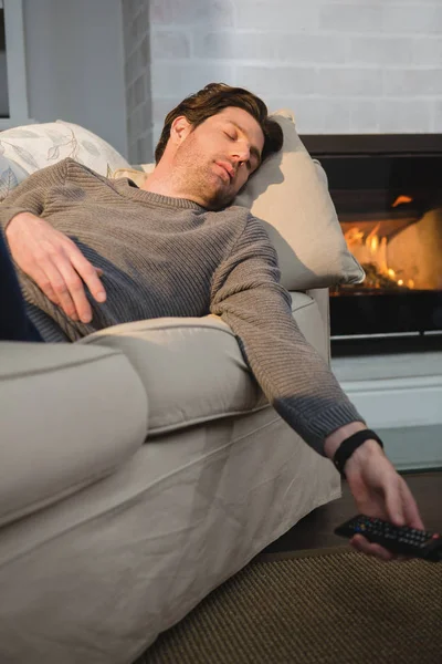 Man Sleeping Sofa While Watching Television Living Room Home — Stock Photo, Image