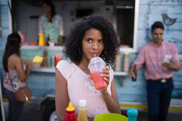 Beautiful Woman Drinking Juice Cafeteria — Stock Photo, Image