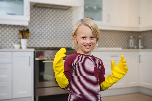 Happy Boy Gloves Standing Kitchen Home — Stock Photo, Image