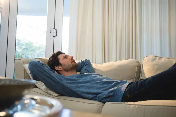 Man Relaxing Sofa Living Room Home — Stock Photo, Image
