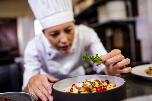 Femme Chef Garnissant Délicieux Desserts Dans Une Assiette Hôtel — Photo