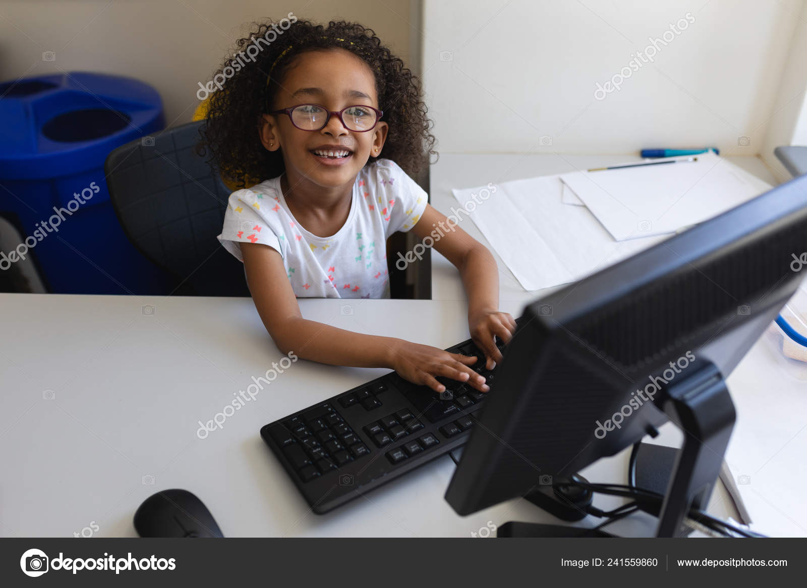 High Angle View Little Black Schoolgirl Using Desktop Desk