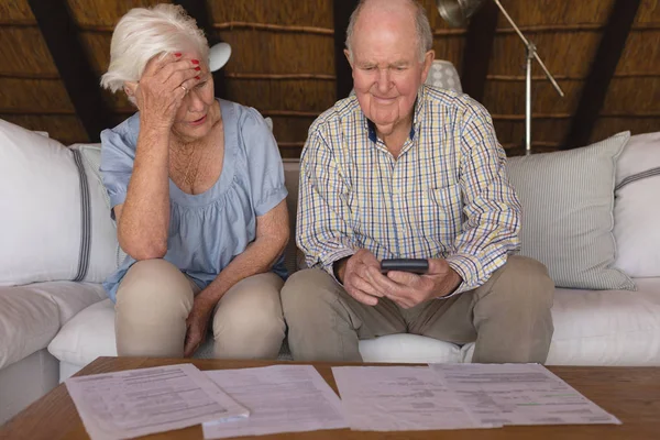 Front View Worried Senior Couple Discussing Medical Bills Calculating Living — Stock Photo, Image
