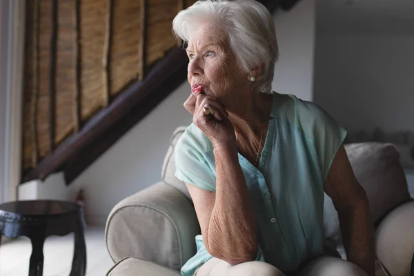 Front View Thoughtful Senior Woman Relaxing Living Room Home — Stock Photo, Image