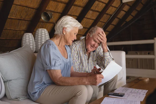 Side View Worried Senior Couple Discussing Medical Bills Living Room — Stock Photo, Image