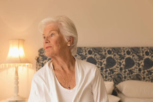 Front View Depressed Senior Woman Looking Away Relaxing Bedroom Home — Stock Photo, Image