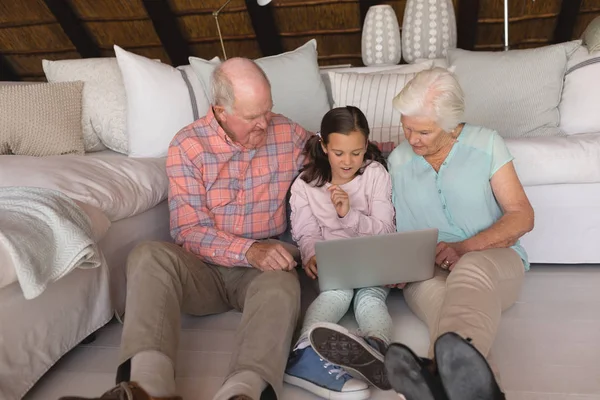 Front View Multi Generation Family Using Laptop Floor Living Room — Stock Photo, Image