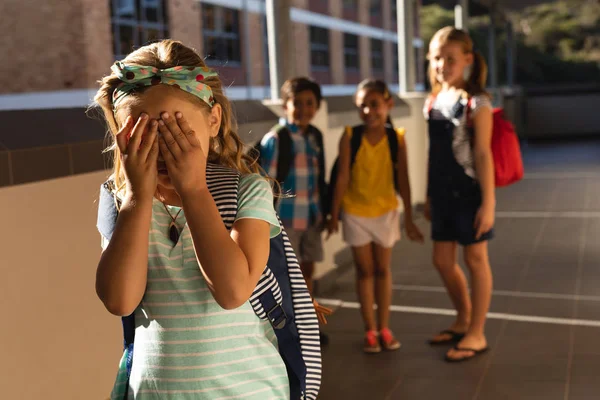 Front View School Friends Bullying Crying Girl Hallway Elementary School — Stock Photo, Image