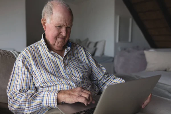 Side View Senior Man Using Laptop While Sitting Sofa Living — Stock Photo, Image