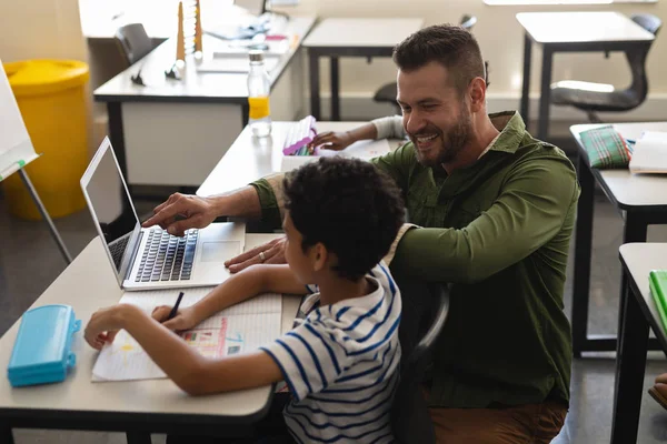 Side View Young School Teacher Helping Boy Study Laptop Classroom — Stock Photo, Image