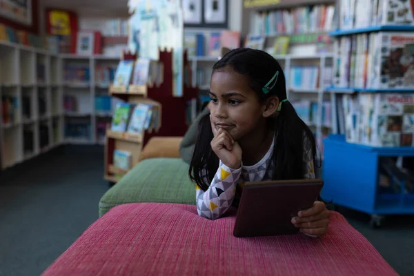 Front View Thoughtful Schoolgirl Hand Chin Holding Digital Tablet Looking — Stock Photo, Image