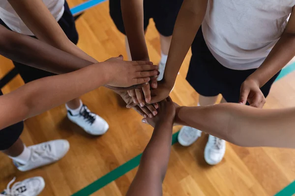 High Angle View Schoolkids Forming Hand Stack Basketball Court School — Stock Photo, Image