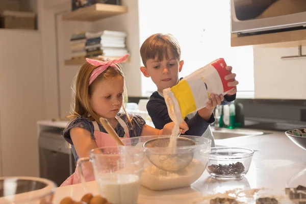 Front View Cute Siblings Working Together Bake Cookies Modern Kitchen — Stock Photo, Image