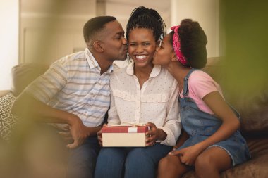 Portrait of happy African American father and daughter kissing mother on cheeks at home clipart