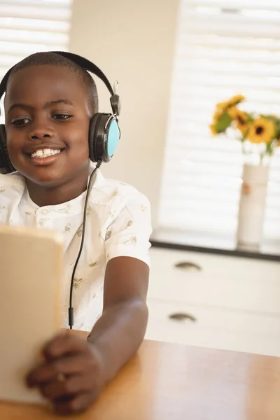 Front View African American Boy Playing Game Digital Tablet Dining — Stock Photo, Image