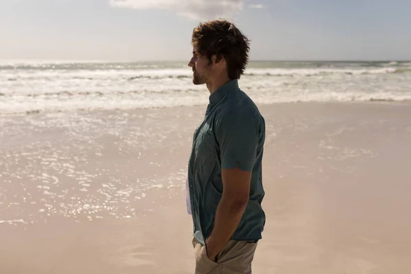 Side View Young Man Hand Pocket Standing Beach Sunshine — Stock Photo, Image