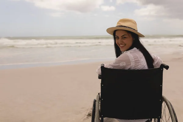 Rear View Disabled Happy Young Woman Hat Sitting Wheelchair Looking — Stock Photo, Image