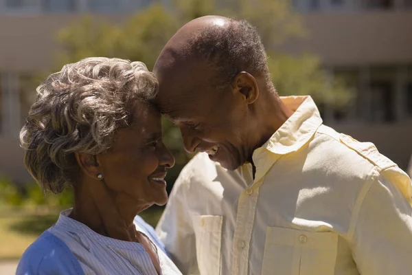 Vue Latérale Couple Âgé Heureux Tête Tête Jour Ensoleillé Dans — Photo