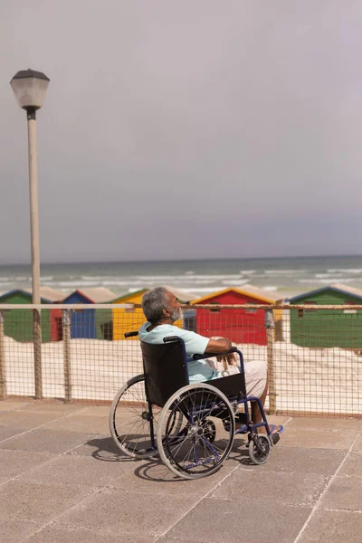 Seitenansicht Eines Behinderten Seniors Rollstuhl Der Promenade Der Sonne — Stockfoto