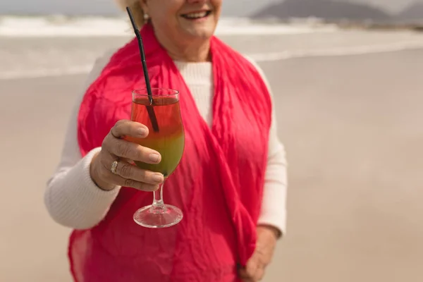 Closeup Active Senior Woman Having Cocktail Drink Beach — Stock Photo, Image