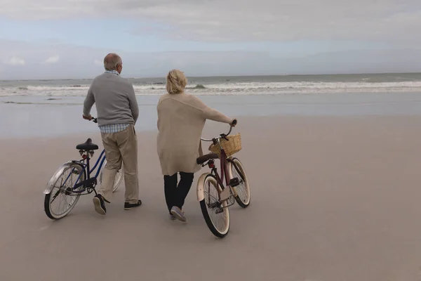 Powrót Widok Aktywny Senior Para Spaceru Rowerem Plaży Oceanu Tle — Zdjęcie stockowe