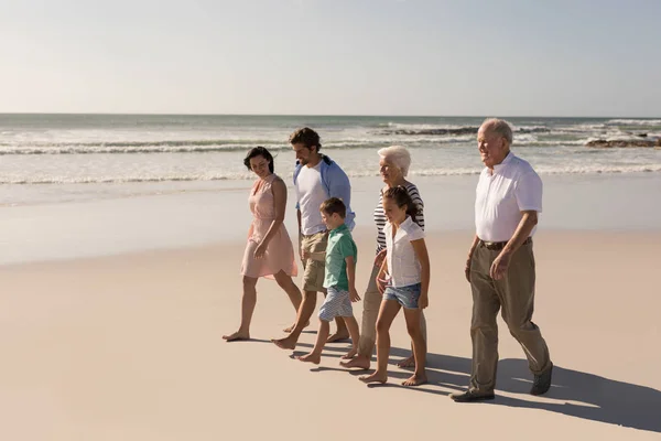 Вид Сбоку Счастливой Семьи Нескольких Поколений Гуляющей Веселящейся Пляже Солнцем — стоковое фото