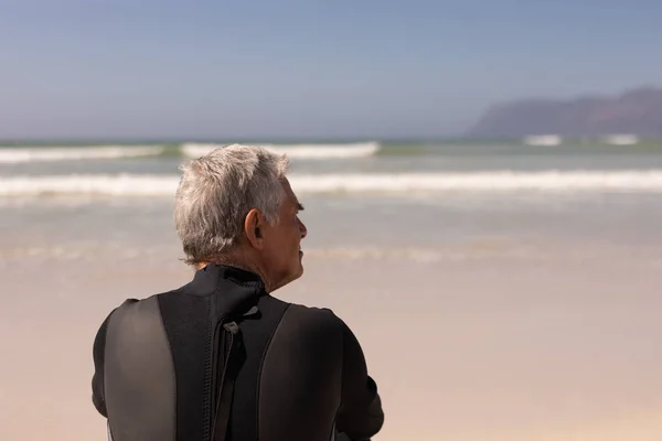 Vue Arrière Surfeur Masculin Senior Relaxant Sur Plage — Photo