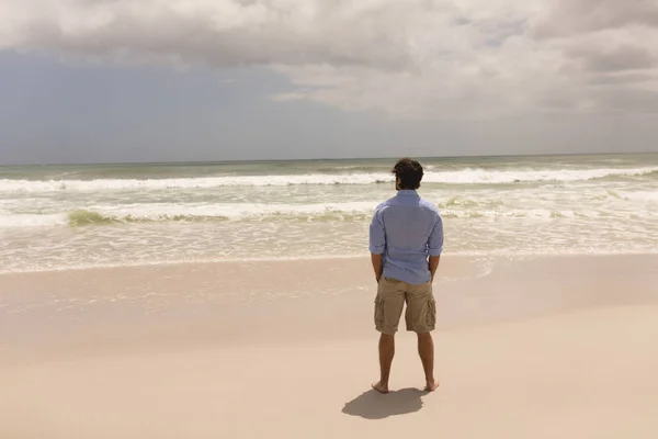 Rear View Man Standing Hands Pocket Front Beach — Stock Photo, Image