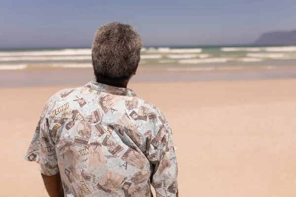 Rear View Senior Black Man Standing Beach Sunshine — Stock Photo, Image