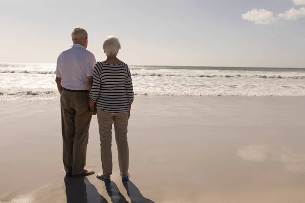 太陽の光のビーチに立っている老夫婦の後姿 — ストック写真