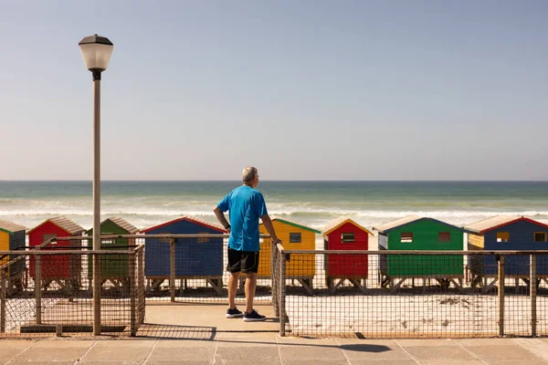 Rear View Senior Man Standing Railing Beach Ocean Background — Stock Photo, Image