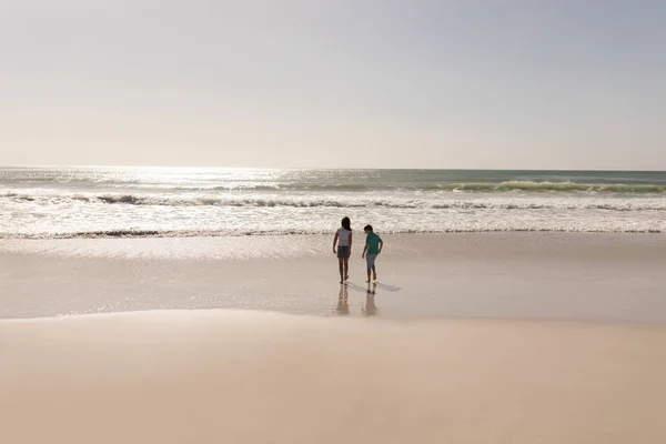 在阳光下站在沙滩上的兄弟姐妹的后视 — 图库照片