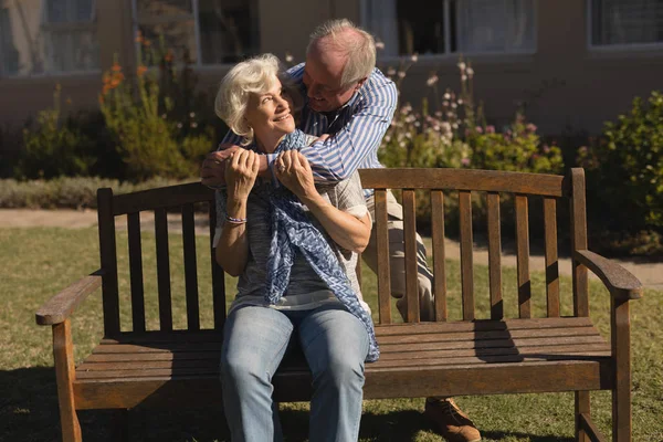 Front View Active Senior Caucasian Couple Embracing Each Other Park — Stock Photo, Image