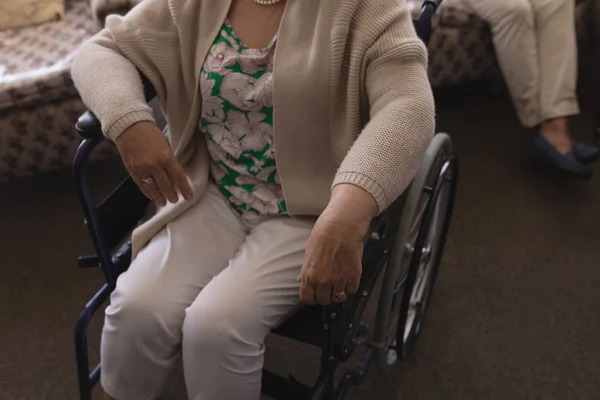 Средняя Часть Пожилой Женщины Инвалида Инвалидной Коляске Расслабляет Дома — стоковое фото