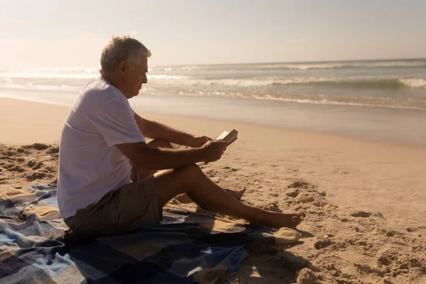 Aktív Vezető Ember Olvasson Egy Könyvet Míg Pihentető Strandon Piknik — Stock Fotó