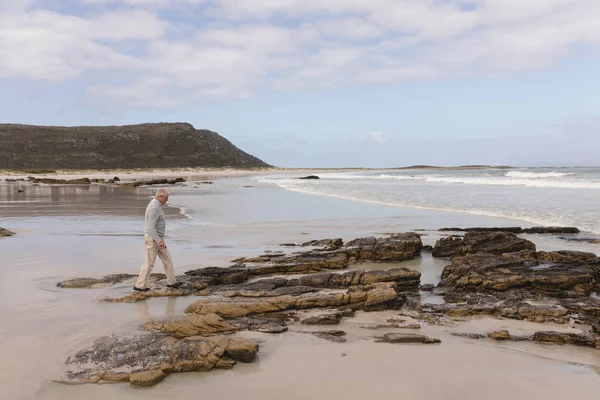 Side View Active Senior Man Walking Beach — Stock Photo, Image