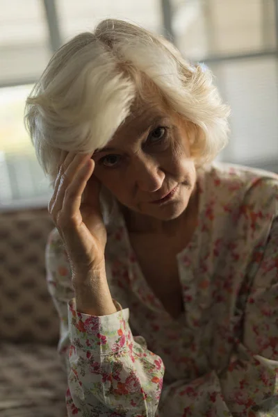 Front View Worried Senior Woman Relaxing Sofa Living Room Nursing — Stock Photo, Image