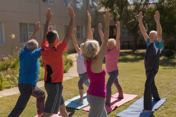 Bakifrån Tränare Träning Senior Personer Utföra Övningen Yogamatta Park — Stockfoto