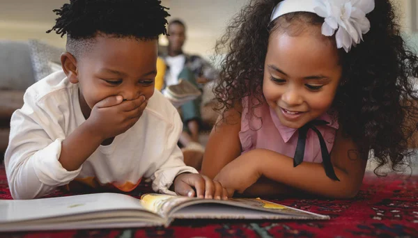 Front View Cute African American Sibling Lying Floor Reading Storybook — Stock Photo, Image