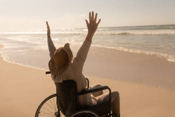 Rear View Active Disabled Senior Woman Arms Beach — Stock Photo, Image