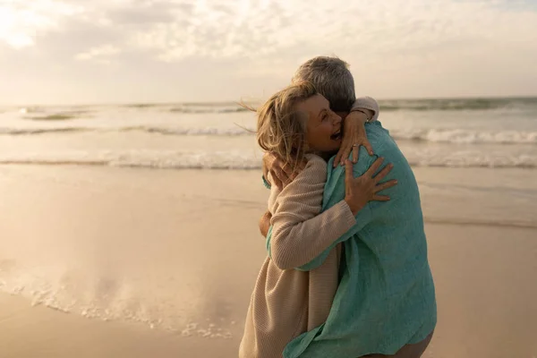 Side View Active Senior Couple Embracing Each Other Beach Dusk — Stock Photo, Image