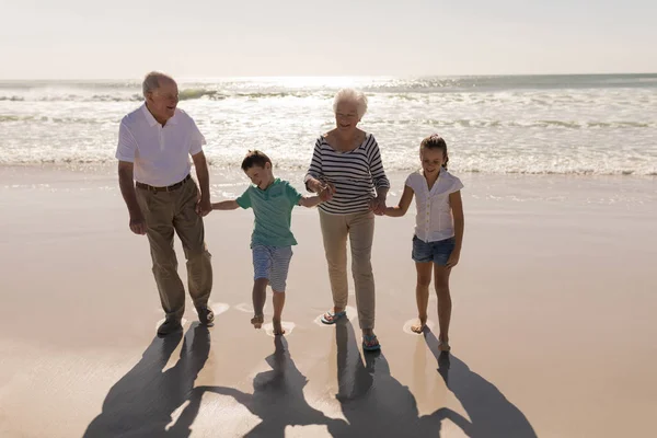 Vista Frontal Feliz Familia Varias Generaciones Cogidas Mano Pie Playa — Foto de Stock