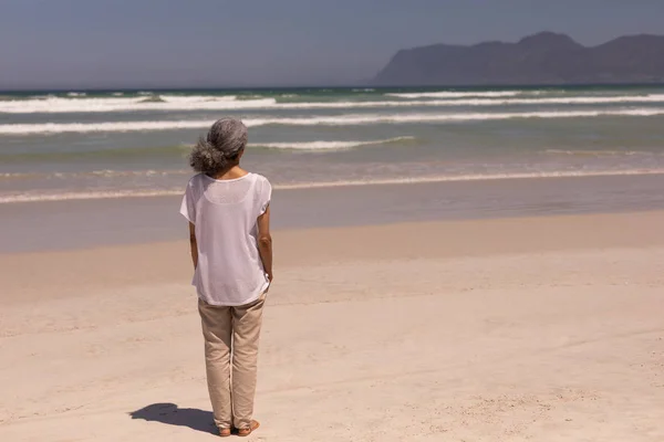 Widok Tyłu Senior Kobiety Rąk Kieszeni Stojąc Plaży Promieniach Słońca — Zdjęcie stockowe