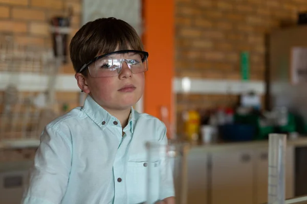 Front View Caucasian Schoolboy Protective Eye Wear Looking Camera Chemistry — Stock Photo, Image