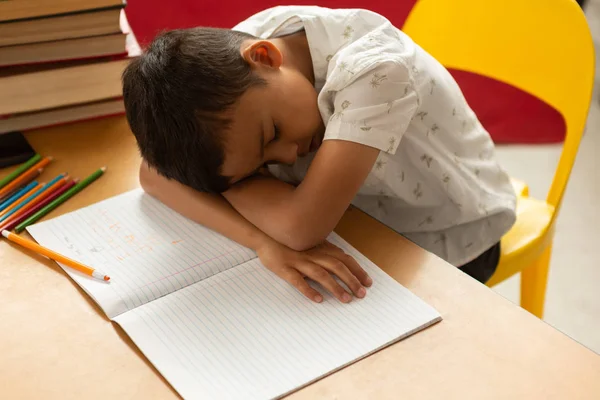 Masada Bir Sınıf Ilköğretim Okulunda Okurken Uyuyan Sevimli Karışık Irk — Stok fotoğraf