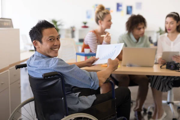 Portrait Disabled Asian Male Executive Holding Paper Graph Modern Office — Stock Photo, Image