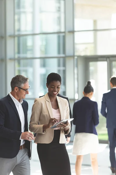 Front View Happy Business Executives Discussing Business Holding Digital Tablet — Stock Photo, Image